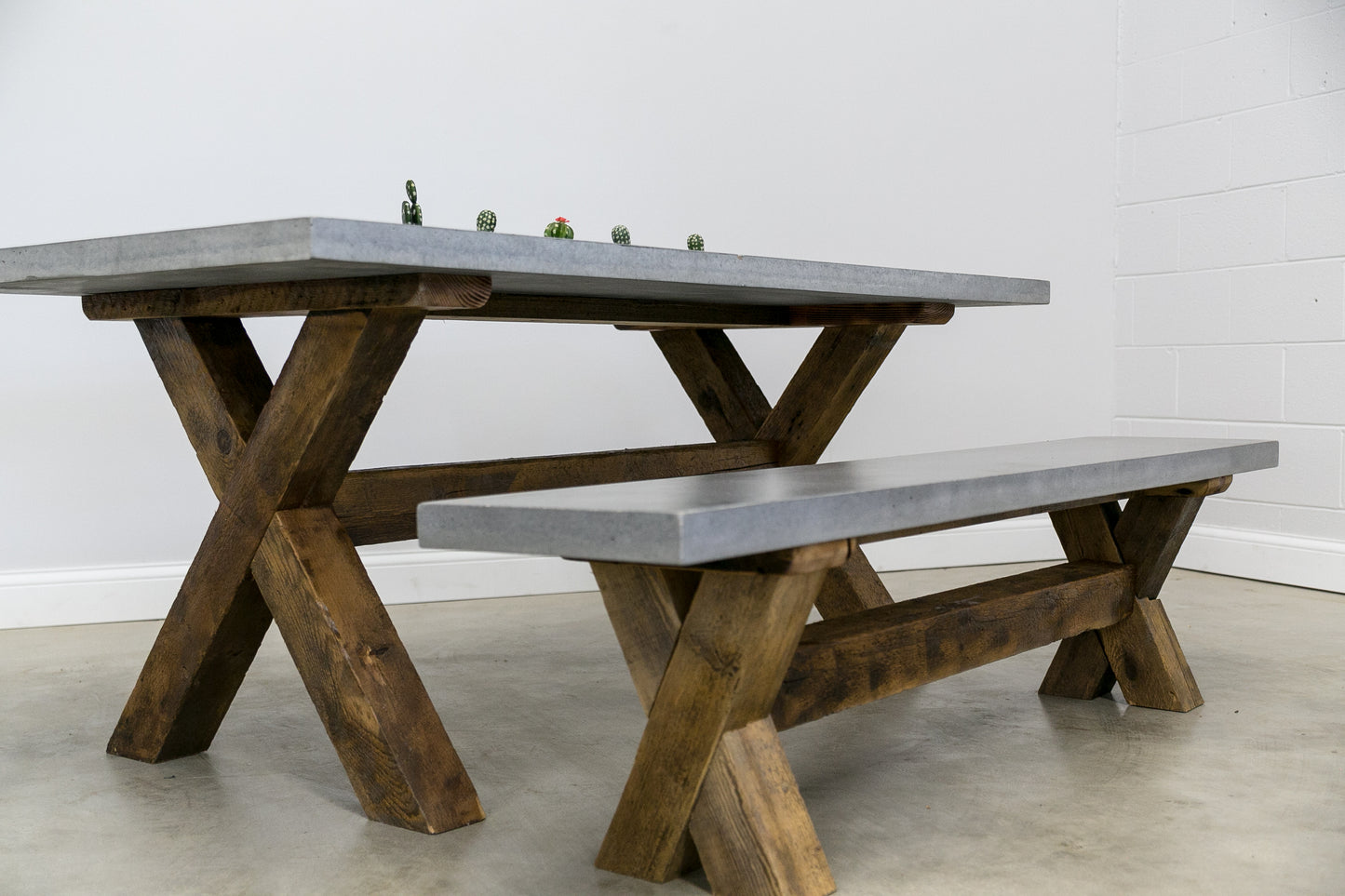 Concrete Top Dining Table Plus Bench with Reclaimed Wood