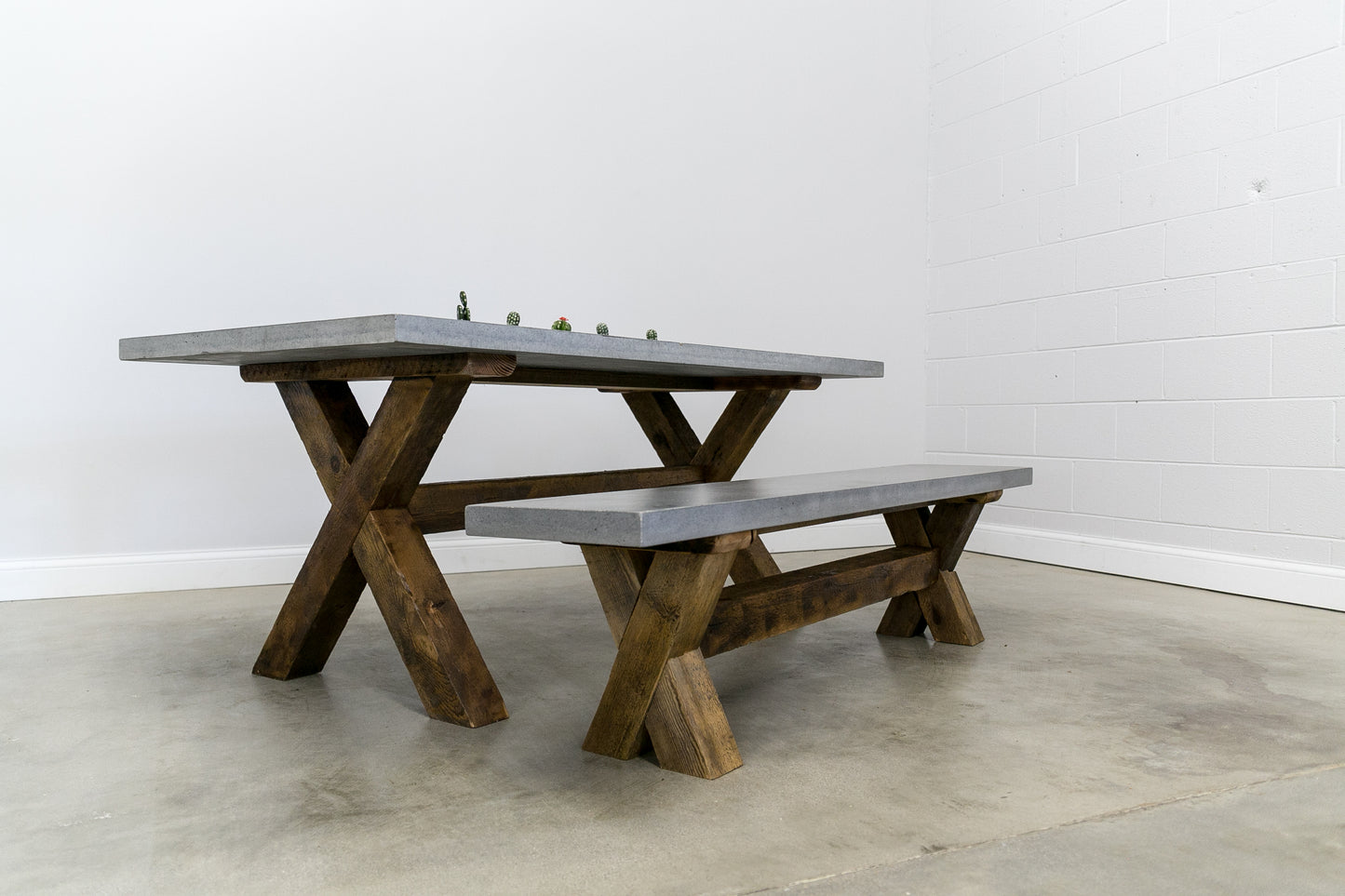 Concrete Top Dining Table Plus Bench with Reclaimed Wood