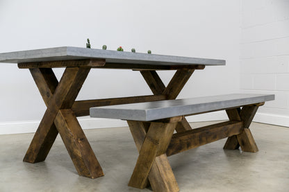 Concrete Top Dining Table Plus Bench with Reclaimed Wood