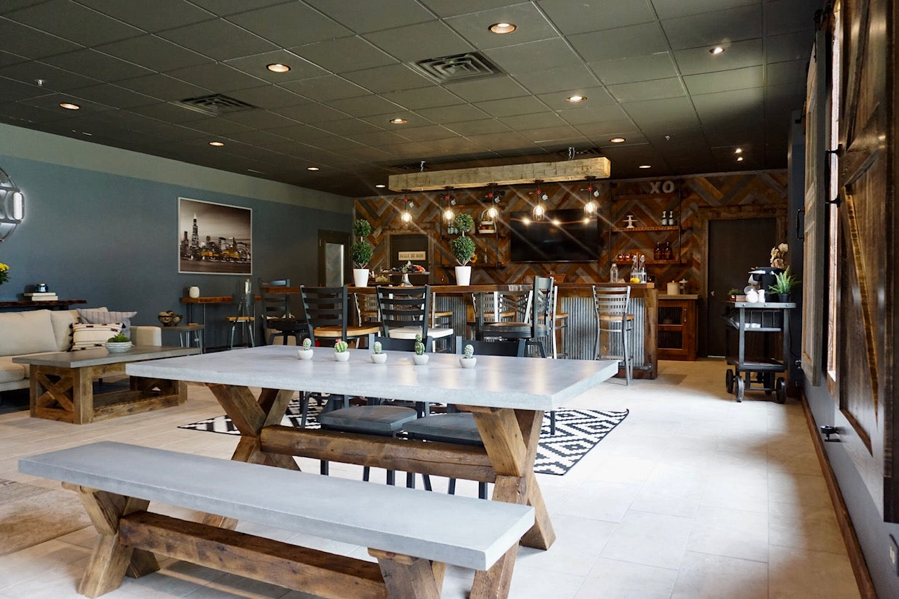 Concrete Top Dining Table Plus Bench with Reclaimed Wood