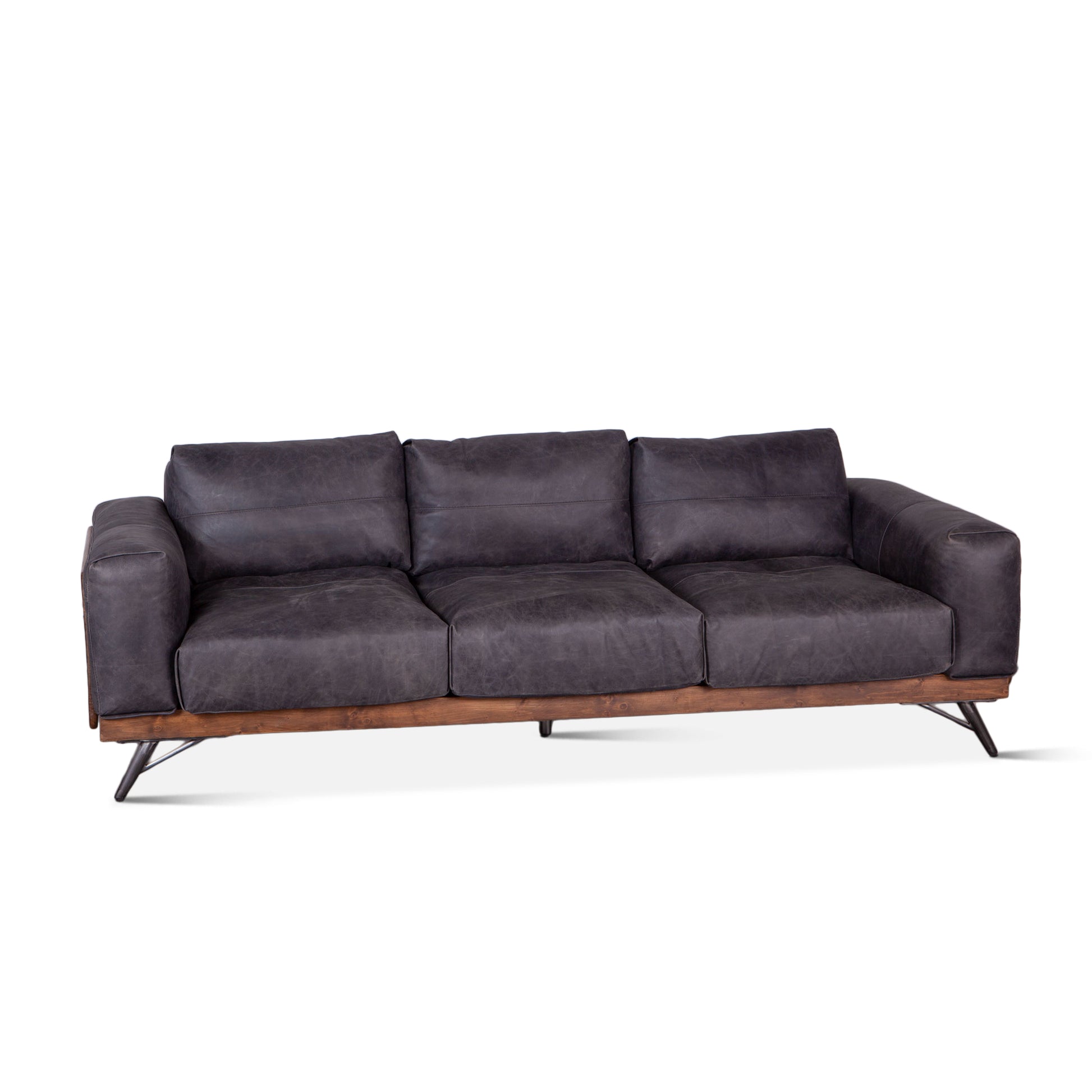 Portofino 95" Antique Ebony Leather Mid Century Sofa