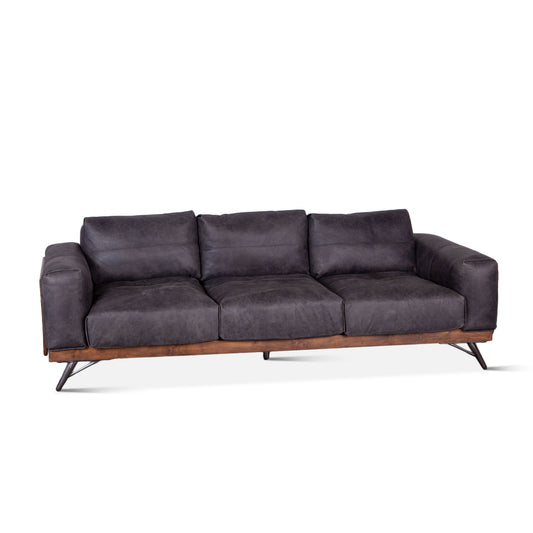 Portofino 95" Antique Ebony Leather Mid Century Sofa