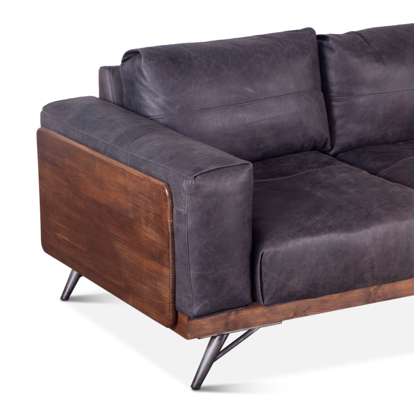 Portofino 95" Antique Ebony Leather Mid Century Sofa