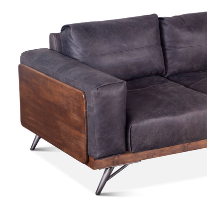 Portofino 95" Antique Ebony Leather Mid Century Sofa