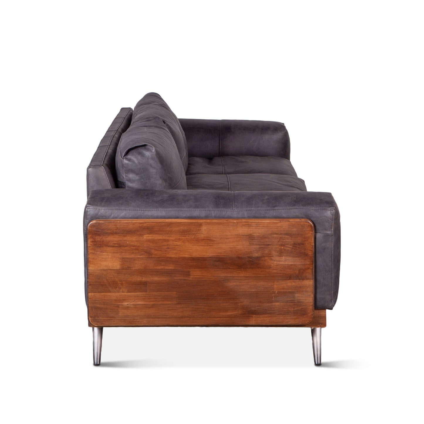 Portofino 95" Antique Ebony Leather Mid Century Sofa