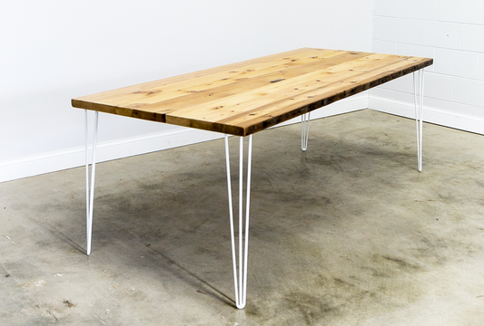 Solid Reclaimed Wood Table with White Hairpin Legs