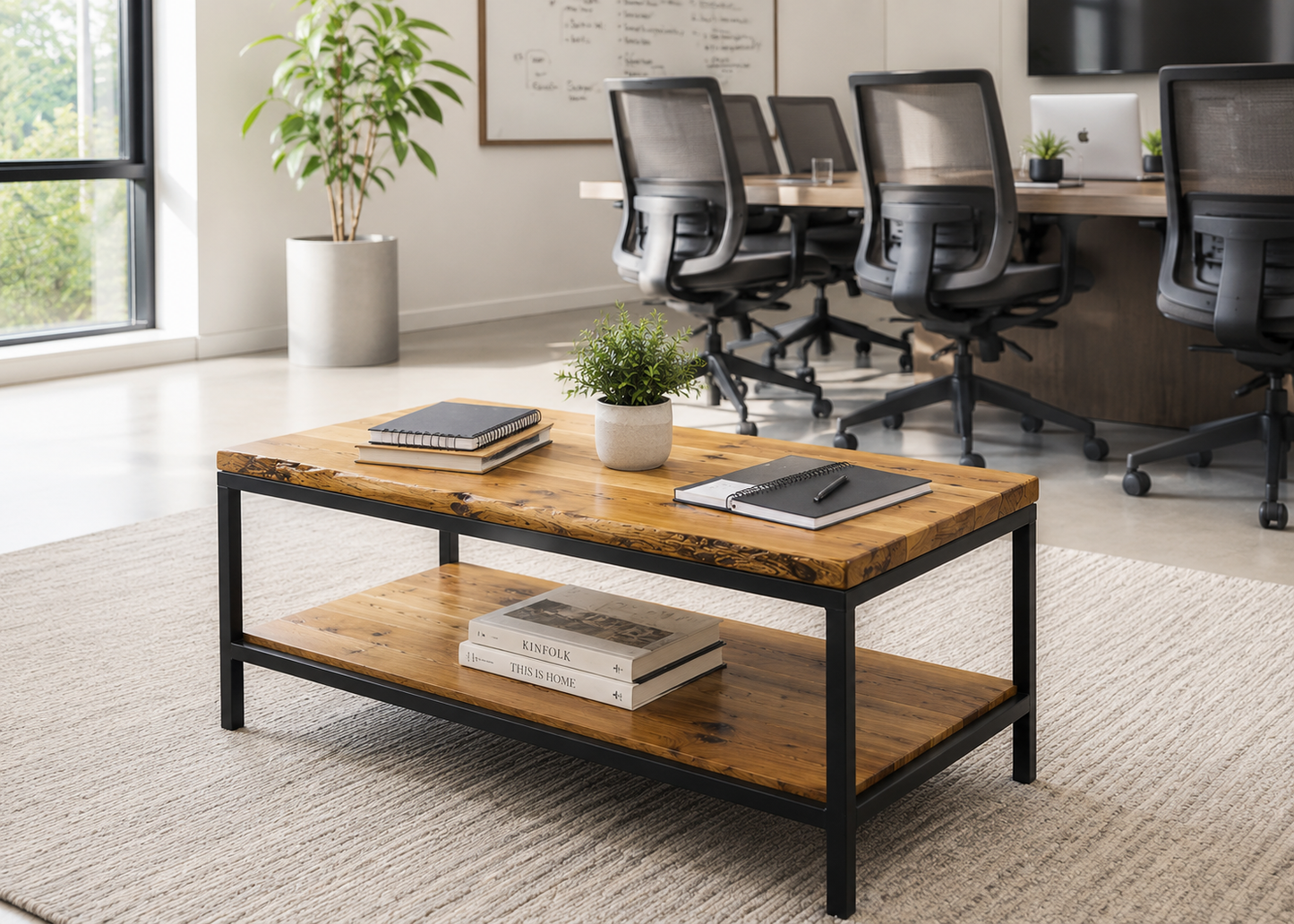 Modern Steel Coffee Table with Floating Shelf | Industrial Wood & Metal Coffee Table