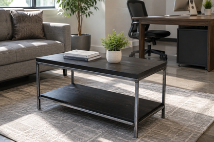 Modern Steel Coffee Table with Floating Shelf | Industrial Wood & Metal Coffee Table